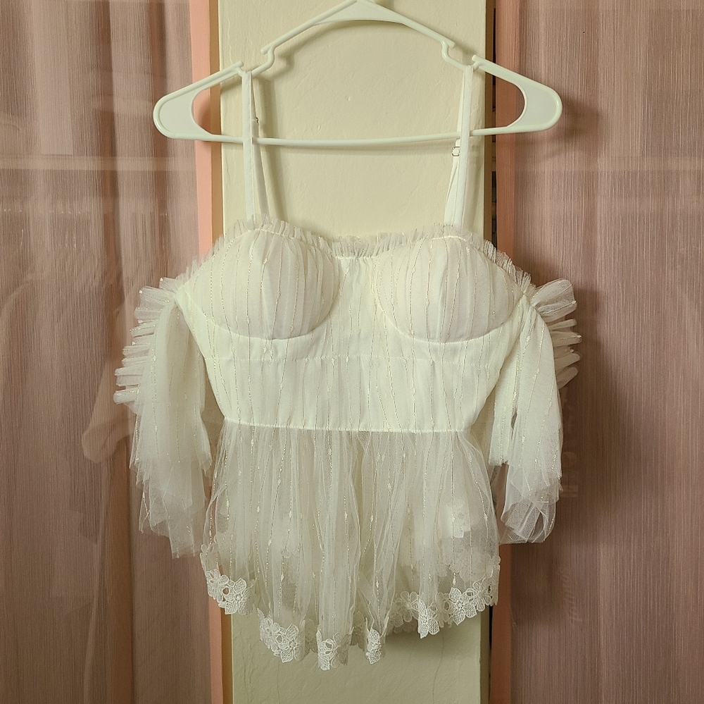 Golden Days Paris Ivory Tulle Cold-Shoulder Top